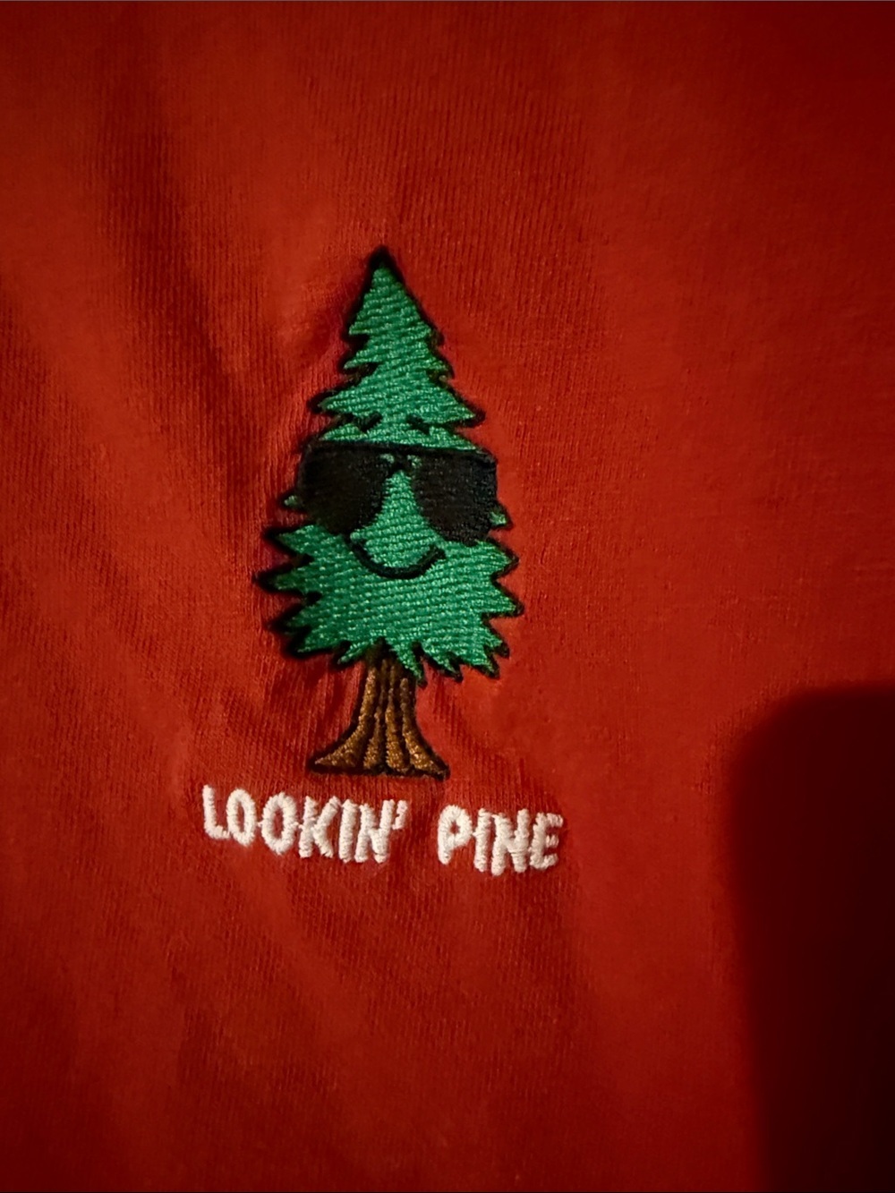 Red Long-Sleeve Graphic Tee with Small Green Tree Motif - Lookin' Pine - Picture 2 of 4
